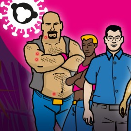 Vier mannen met symptomen van MPOX voor een roze met paarse achtergrond